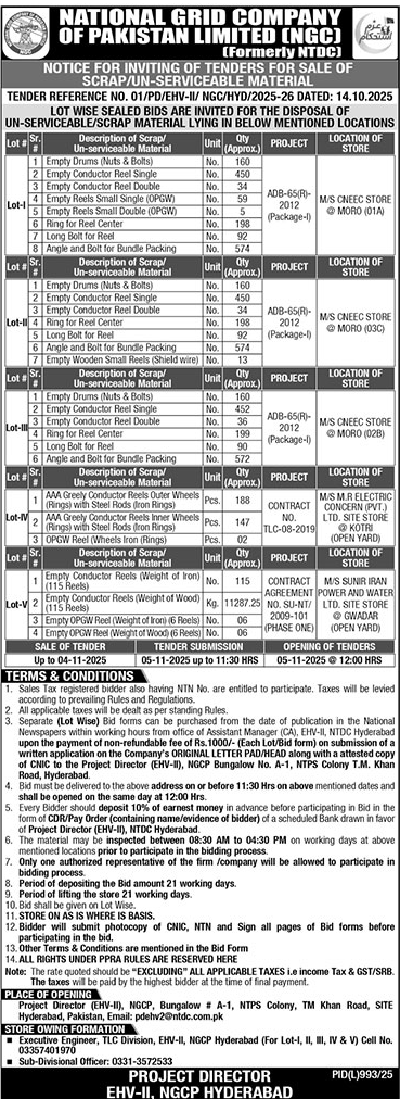 National Grid Company of Pakistan Limited Hyderabad Tender Notice